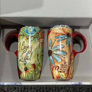 Ceramic Coffee and Tea Floral Mug with Lid 17oz. Set of 2